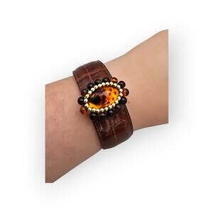 Amber Glass Brown Leather Cuff Bracelet Espresso Luxe Dark Feminine